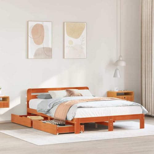 QJBSAVVA Massivholzbett 140x190 Kiefer wachsbraun mit Lattenrost und 2 Bettschubladen Rollrost Jugendbett Doppelbett stabil langlebig rustikal für Schlafzimmer Gästezimmer