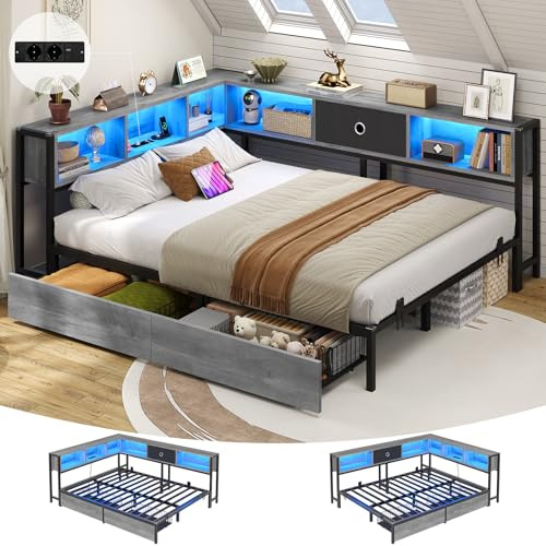 DICTAC Canapé Lit 140x200 avec Rangement, Éclairage LED et Prise – Lit Double 2 Places avec 5 Compartiments et 2 Tiroirs–Cadre de Lit Coffre pour Enfant, Adulte, Ados et Invité(Gris Chêne)