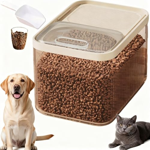 Airtight Pet Food Storage Container with Measuring Cup, 4kg / 6kg / 14kg, Large Dry Dog Food Bin, Cat Kibble Dispenser, Plastic Bird Seed Storage Box, Pour Spout, Kitchen Pantry (Transparent, Medium)
