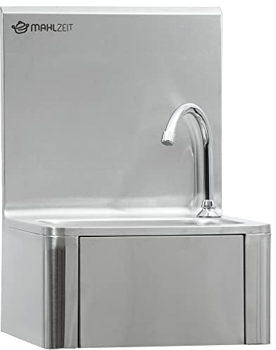 Mahlzeit Lavamani in acciaio inox con comando a ginocchio e distributore di sapone | Lavandino per il lavaggio igienico delle mani | Lavabo industriale, lavabo a parete per gastronomia, cucina e altro