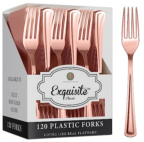Rose Gold Plastic Forks Heavy Duty 120 Pcs Silverware Set | Disposable Eating Utensils for Parties & Events - Exquisite Flatware