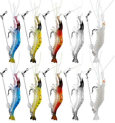 WANBY Künstlich Silikon Weiche Kunstköder Köder Köderset Leuchtender Swimbait Garnelen Angelköder mit Haken Angelgerät Süßwasser/Salzwasser (10 STK)