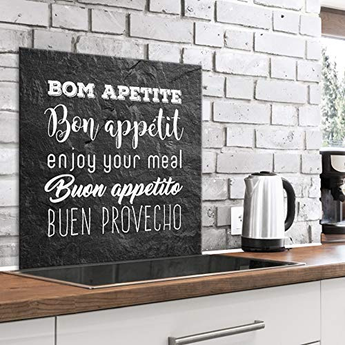 murando Spritzschutz Glas für Küche 60x60 cm Küchenrückwand Küchenspritzschutz Fliesenschutz Glasbild Dekoglas Küchenspiegel Glasrückwand Bon Apetite Guten Appetit schwarz weiß -