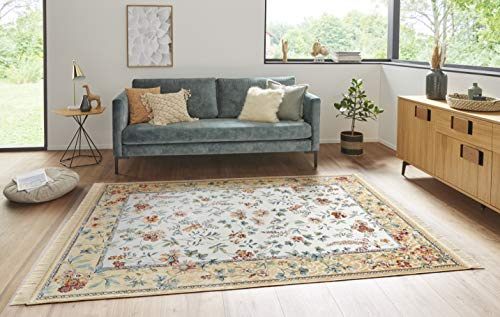 Nouristan Naveh Orient Teppich – Wohnzimmerteppich Orientalisch Kurzflor mit Fransen Vintage Orientalischer Samt-Teppich für Esszimmer, Wohnzimmer, Schlafzimmer – Creme Cord, 160x230cm