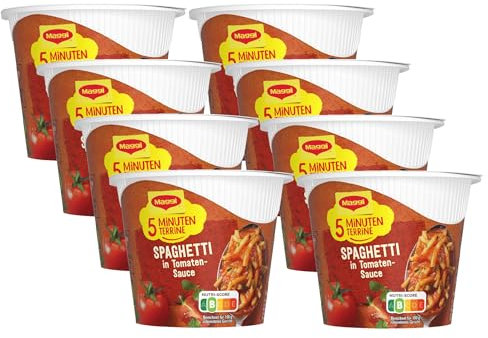 MAGGI 5 Minuten Terrine Spaghetti in Tomatensauce, leckeres Fertiggericht, Instant-Nudeln, 8er Pack (8 x 60g)