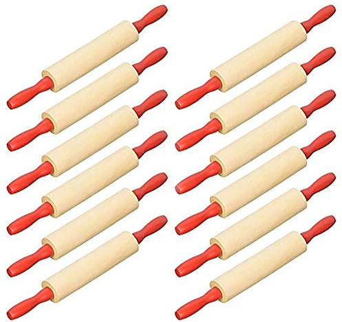 Mini Wood Rolling 7.5 Inch 12-Pack Rolling Pin for Play Dough For Little Bakers, With Red Handles Arts and Crafts Clay Roller, 7.5 (Pack of 12)