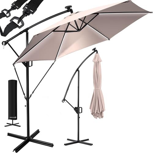 KESSER® Ombrellone in Alluminio Ø 350cm, LED solare, incl. Copertura, Telecomando, Manovella, Funzione 360°, Protezione UV, Idrorepellente, Ombrellone da Giardino, Taupe