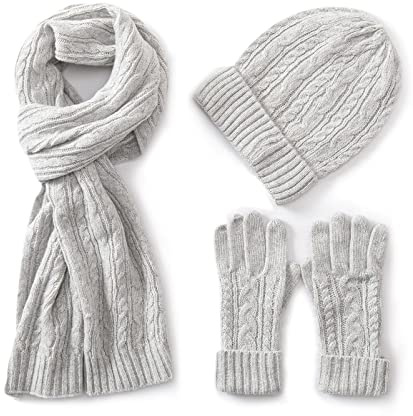 Villand 3 in 1 Damen Wolle Mütze, Schal & Handschuh Winter Sets, 3-teilige Zopfstrickmütze für Damen mit Geschenkbox