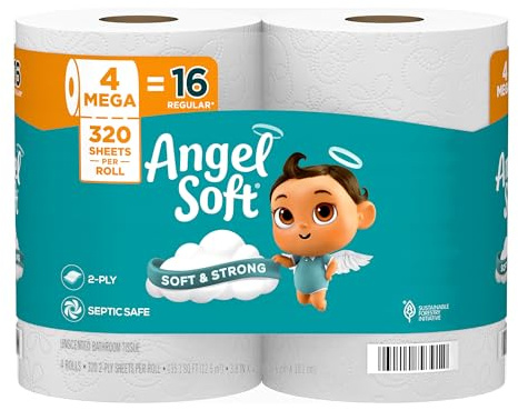 Angel Soft Toilet Paper, 4 Mega Rolls = 16 Regular Rolls, Soft and Strong Toilet Tissue