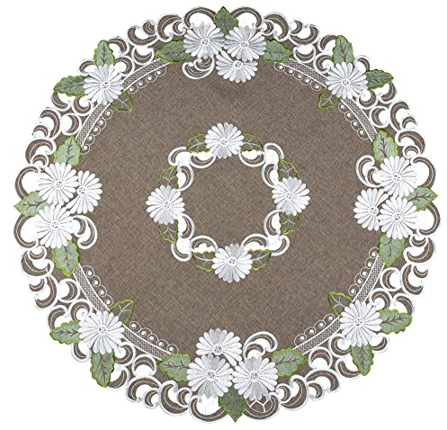 Linens, Art and Things Silberne Gänseblümchen mit grünen Blättern auf braun, kleine Tischdecke, Tafelaufsatz, großes Deckchen (84,4 cm, rund)