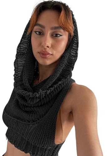 Caviotess Women Knitted Hoodie Sweater Vest Sexy Sleeveless Hollow Out Hooded Crop Top Streetwear Rave Oufit, Black, Small