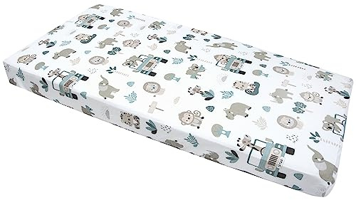 Medi Partners Sabana Bajera Cuna 60x120-100% Algodon Sabanas de Algodón Bebe Ropa de Cama para Bebés Dormir Cuna Fitted Bed Sheet Protector (Menta Zoo)
