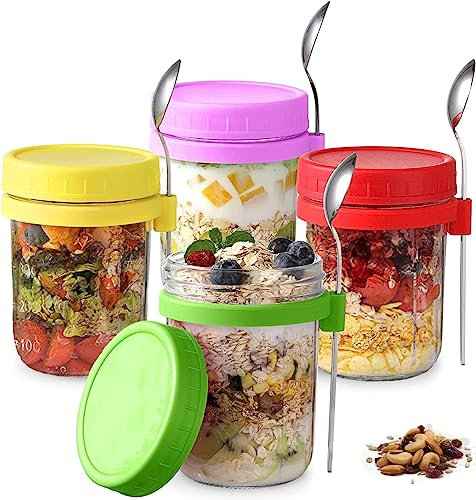 Ulrikco 4 Pack Reusable Overnight Oats Jars with Lids and Spoons, 300ML Airtight Glass Overnight Oats Container with Measurement Marks, Wide Mouth Mason Jars for Salads Yogurt Cereal Milk