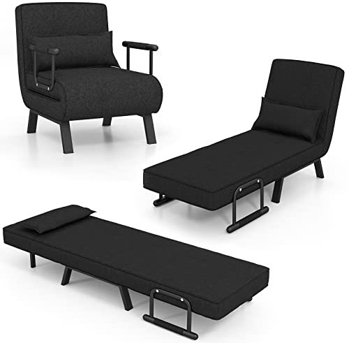 GOPLUS 4 in 1 Schlafsessel mit Bettfunktion, Schlafsofa mit 6-Fach verstellbare Rückenlehne & abnehmbarem Kissen, Relaxsessel Sofabett klappbar für Zuhause 7 Büro (Schwarz)