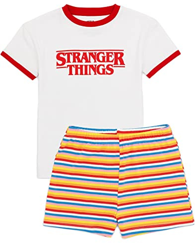 Stranger Things Girls Pyjama Set | Kids Short-Sleeve T-Shirt and Shorts PJs Bundle | Max Eleven Character Outfit Striped Shorts Retro White Short Sleeve T-Shirt Loungewear | Netflix Pajama Nightwear