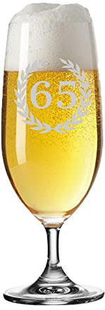 LUXENTU Tulipano da birra con incisione in vetro Pils 0,3 litri con corona di alloro incisa, bicchiere da birra come regalo per 65° anniversario/compleanno, lavabile in lavastoviglie