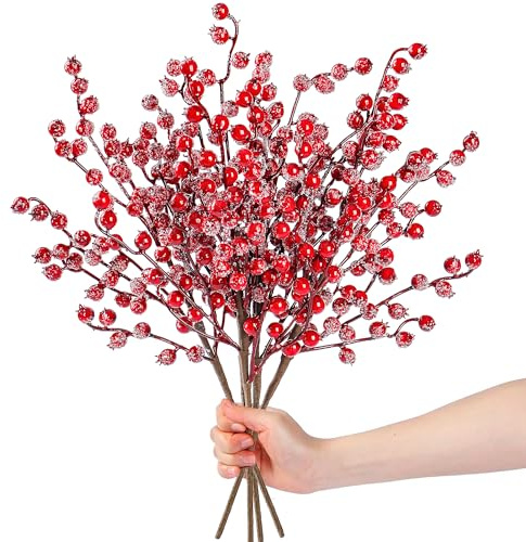 Sggvecsy Künstliche rote Beerenstiele, schneebedeckt, Weihnachten, rote Beeren, Stechpalmenbeeren, Zweige, 43,2 cm, künstliche Beerenspieße für Blumenarrangements, Weihnachtsbaum, Urlaub, Zuhause,