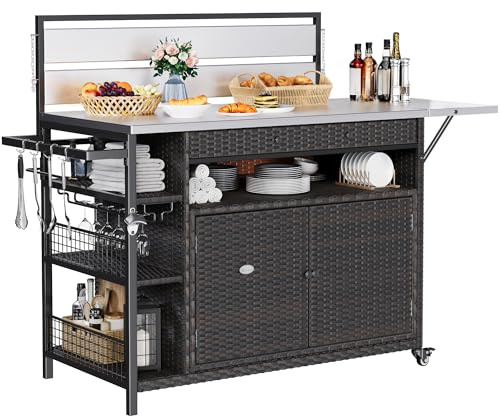YITAHOME XL Outdoor Kitchen Wicker Island Rolling Cart & Storage Cabinet, Wheels and Stainless Steel Extended Table Top, Side Handle for Patio Kitchen or Bar Cart, Dark Brown