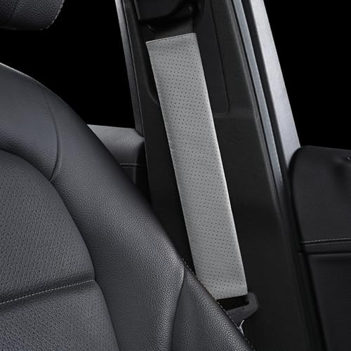 POKSRI 1pc Cuir de vache veritable Rembourrage de ceinture de securite,Housse protege ceinture voiture Coussin pour sangle, Accessoires pour conducteur,Sac a dos/epaule(Gris)