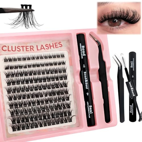 140 Pcs DIY Wimpern Extensions Set 8-16mm Mixed Flauschiges Wimpern Einzeln Individuelle Falsche Wimpern Cluster mit Wimpernkleber und Pinzette für Anfänger Wiederverwendbar Wimpernbüschel (14Z)