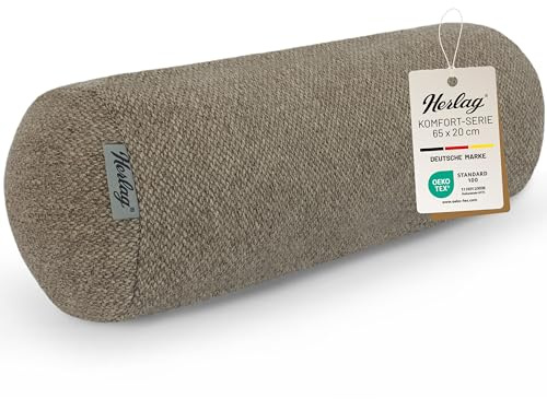 Herlag Nackenrolle | Extra Lange Kissenrolle für Sofa & Bett | Bequeme Körperstütze für Knie oder Nacken | Beinrolle für Seitenschläfer | Abnehmbarer Bezug Waschbar | Öko Tex 100 | Taupe 65 x 20 cm