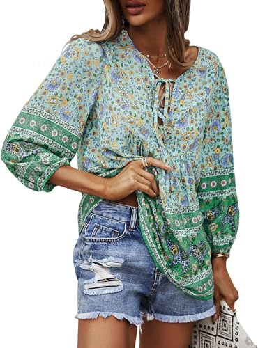 CNTSFS Blusa para mujer elegante y casual estilo boho, con cuello en V, estampado floral, suelta, túnica de manga larga para mujer, verano, verde, S