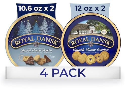 Royal Dansk Paquete de 4 galletas navideñas, exclusivo paquete múltiple de galletas de mantequilla danesas originales, latas festivas para regalos de Navidad, hechas con mantequilla real, ingredientes