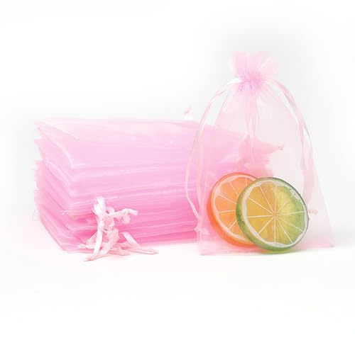 100 st rosa organza presentpåsar, 9 x 12 cm små organza favoritpåsar, bröllopssmyckepåsar med dragsko, nät godisfavoritpåse fest söta påsar för födelsedag, bröllop, jul, presentinpackning