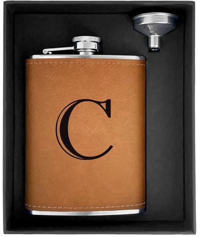 CARAKNOTS Hip Flask for Men Leather Engraved Drinking Whiskey Flasks for Liquor with Initials Stainless Steel with Funnel 8 oz Groomsmen Gifts Personalized Christmas Birthday Gifts for Dad Letter C