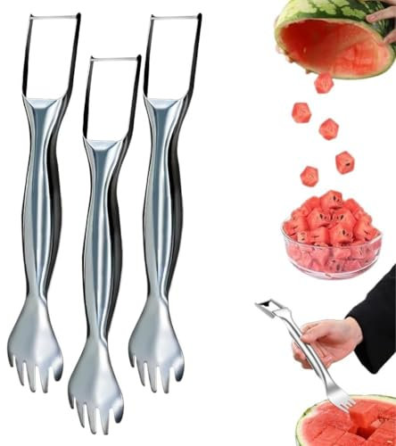 2 in 1 Watermelon Fork Slicer,Stainless Steel Fruit Cutter Melon Cutter, Fork Cutter Watermelon Cutter Fruit Forks for Party Camping Home 3Pcs