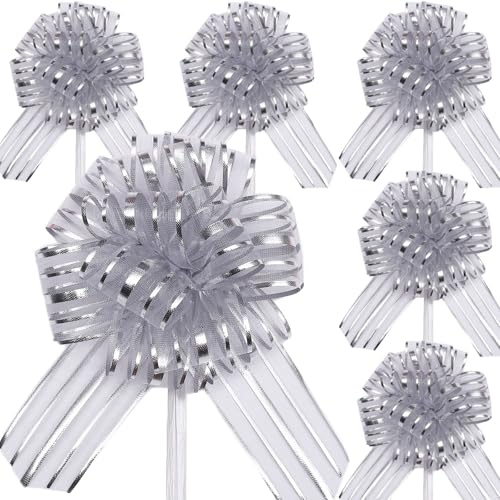 6 Stück 17 cm Große Ziehschleifen Silber Geschenkschleifen mit Band Dekorative Schleifen zum Verzieren von Geschenken, Tüten & Hochzeitsdekoration Ideal für Geburtstag, Weihnachten, Valentinstag