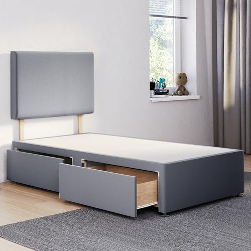 ComfoRest - Luxurious 3FT Single Divan Bed with 2 Drawers & Plain 24 Headboard | Sturdy Base with Storage for Compact Rooms (Grey Plush)