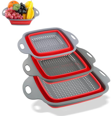 YILANJIN Collapsible Colander Set, 3 PCS Square Silicone Folding Colander with Handles, Fruit Drain Basket for Kitchen, Foldable Silicone Filter with Handles for Draining Vegetables, Pasta, Food (Red)