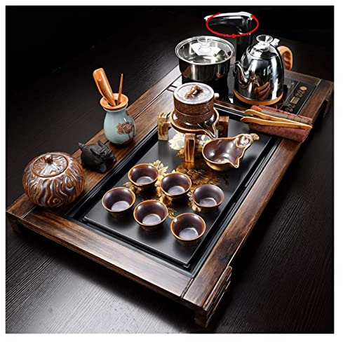 Juego de mesa de té de madera maciza de Kung Fu, juego de mesa de ceremonia de té de cerámica china con calentador de agua automático, bandeja para servir té con almacenamiento de agua de drenaje