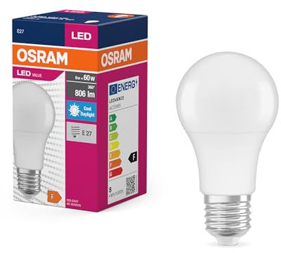 OSRAM Bombilla LED Star Value Classic A60 para casquillo E27, forma de pera, FR 806 lúmenes, blanco luz diurna (6500K), sustituye a las bombillas incandescentes convencionales de 60W, no regulable