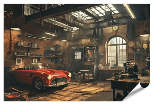 islandburner XXL Bild Poster Klassisches Auto in altem Werkstatt Loft für Wohnzimmer Auto-Enthusiasten Autowerkstatt Premium Bilder Fotodruck