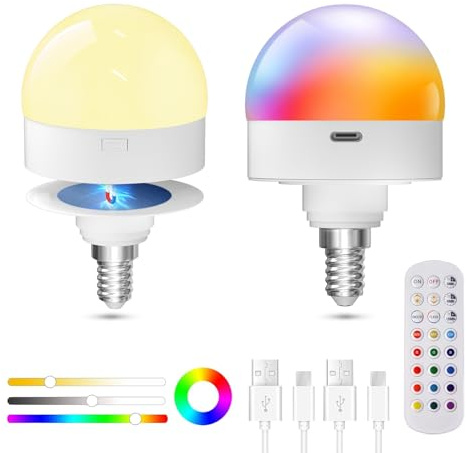 TobeBright Bombilla Recagable USB-C E14 con Mando, RGB+3 Temperaturas de Color Regulables Bombilla Bateria Recargable con Imán para Iluminación de Emergencia, Ambiente, Camping, Luces Nocturnas(2PCS)