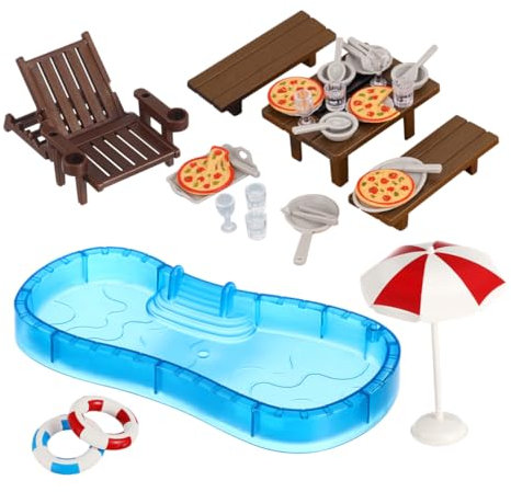 HEMOTON Miniature House Accessories Dollhouse Swimming Pool Swim Ring Beach Chair Set for Indoor/outdoor Play