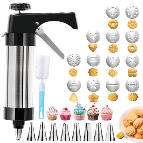 Blissfulmilo Ensemble de presse à biscuits Spritz en acier inoxydable avec 8 douilles et 13 disques pour bricolage et décoration de pâtisserie