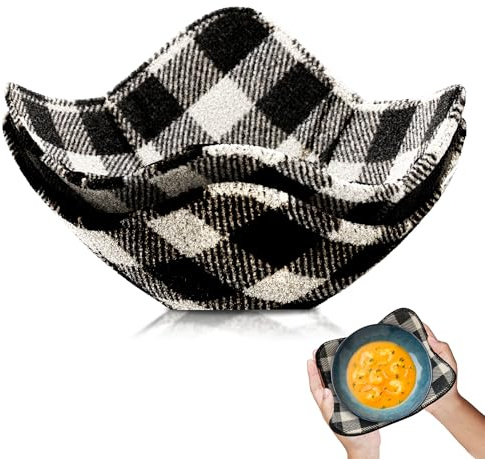 Set of 2 Microwave Bowl Cloth Hot Pads with Black and White in A Cage - Pot Holder or Microwavable Bowl Cozies - Protector for Heat Soup or Food Meals - Multipurpose Heat Resistant Plate Holders