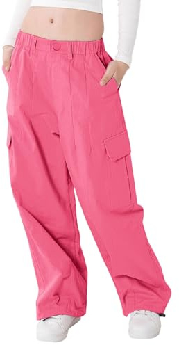 Rolanko Pantaloni Cargo da Ragazza, Pantaloni Larghi in Cotone con Vita Elasticizzata e Tasche Multiple per Bambini di 6-15 Anni, RosaPerla, Taglia: 160