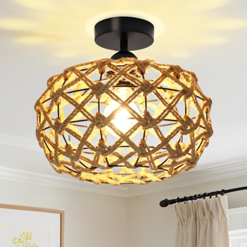 Deckenleuchte Wohnzimmer,E27 Retro Deckenlampe Schlafzimmer mit Hanfseil Metall Käfig Lampenschirm Rattan,Deckenlampen im ländlichen Stil,Schlafzimmer Lampe Decke,Wohndekoration Deckenlampe Flur