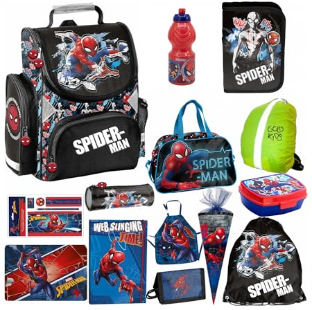 PASO - Schulranzen für Jungen und Mädchen, 14er-Set - Schul-Rucksack für Kinder mit Federmäppchen - Schuhbeutel Brotdose und Trinkflasche - Spiderman Motiv - 1-3 Klasse