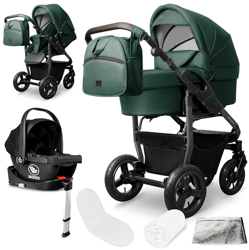 Bergsteiger Capri Kombikinderwagen 4-in-1 Babywanne Sportsitz Isofix | Komplettes Reisesystem mit i-size Babyschale Luftreifen Rahmenfederung verstellbarem Griff Zubehör und Wickeltasche