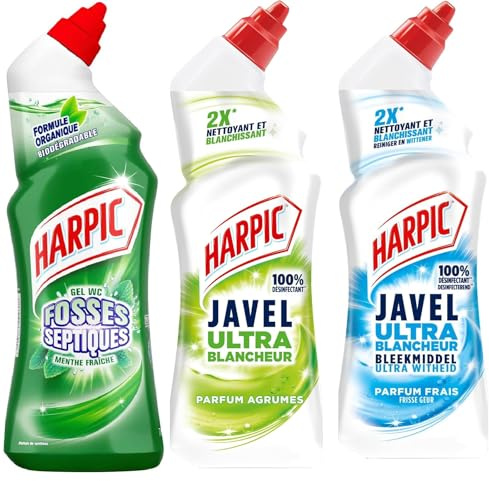 Harpic - Lot de 3 Gels WC Power - Javel + Agrumes + Fosses septiques