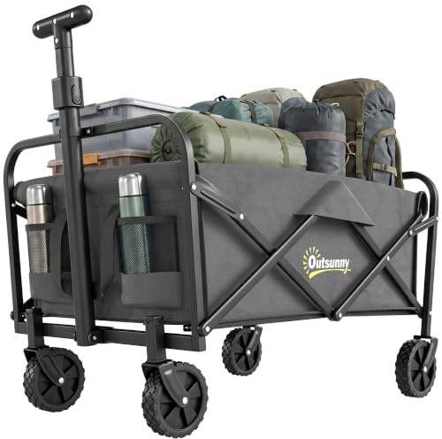 Outsunny 93L Festival Trolley on Wheels 100kg Heavy Duty Garden Cart Grey | Folding Trolley Cart, Collapsible Folding Wagon, Adjustable Handle, Carrying Bag, Beach Camping Festival