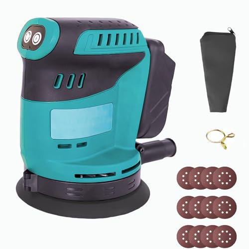 Akku Exzenterschleifer 125mm, Ersatz für Makita DBO180Z, Kabellose Elektroschleifer mit 12 Schleifpapier, 3 Leistungsstufe, für Holzbearbeitung, Metallbearbeitung (Ohne Akku und Ladegerät)