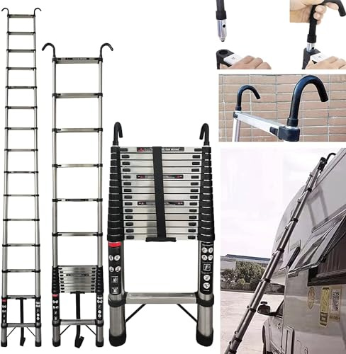 4.4M Telescopic Ladder with Hooks, Stainless Steel Folding Extension Ladder 14.4FT, Non-Slip Feet, Load 150kg/330lb, Multi-Purpose Collapsible Ladder for Household Outdoor Working