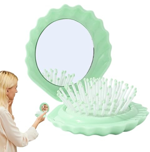 Cepillo De Pelo Plegable | Cepillo Cabello Concha Bolsillo - Juego de Espejos de Maquillaje Pequeños con Peine Masajeador para Cuero Cabelludo Mujer Uso Diario Hogar Coche Baño