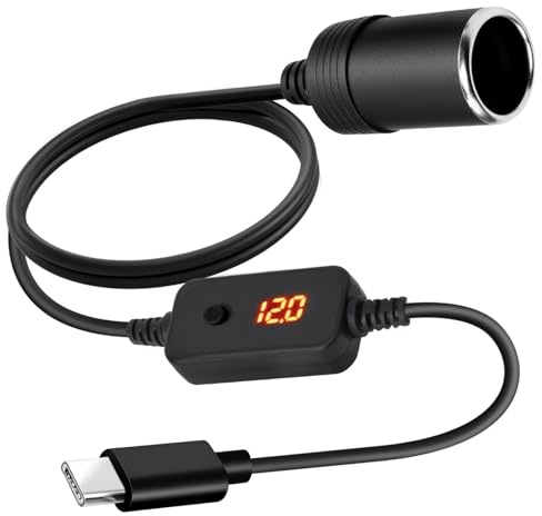 Toaluea Adaptador USB C Encendedor de Cigarrillos, Type C Macho a 12V Coche Encendedor Convertidor Cable para GPS Dash CAM, Voltaje Ajustable 5V/9V/12V/15V/20V, con Pantalla de Voltímetro, 1.2M
